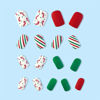 Picture of Christmas Press on Nails Short Square Fake Nails Full Cover Green Red False Nails Glossy Winter Nail Tips with Colorful Stripes Designs Cute Christmas Acrylic Nails Kit Short Stick on Nails for Women