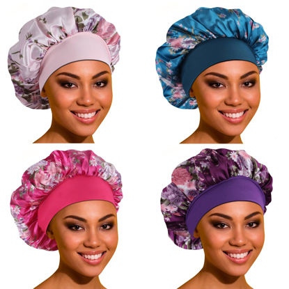 Picture of Satin Bonnet Hair Bonnet for Sleeping- 4 Pack Large Silk Bonnets for Black Women with Elastic Soft Band for Hair Care
