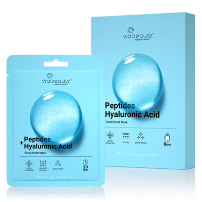 Picture of VIABEAUTY 8 Pack Hyaluronic Acid Face Mask with Peptides Complex - Deep Hydrating & Brightening Facial Sheet Mask - Moisturizing Face Masks Skincare Facial Sheets for All Skin Types