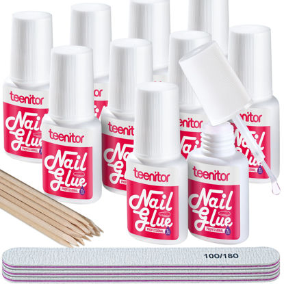 Picture of Teenitor Best Nail Glue for Press Ons, 10 Pack Brush On Nail Glue Strong for Acrylic Nails with Nail File, Fake Nail Glue Pink Nail Glue