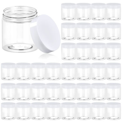 Picture of 36 Pack 4 OZ Plastic Jars Round Clear Cosmetic Container Jars with White Lids, Eternal Moment Plastic Slime Jars for Lotion, Cream, Ointments, Makeup, Eye shadow, Samples, Potravel Storage