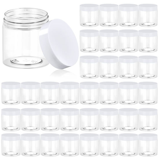 Picture of 36 Pack 4 OZ Plastic Jars Round Clear Cosmetic Container Jars with White Lids, Eternal Moment Plastic Slime Jars for Lotion, Cream, Ointments, Makeup, Eye shadow, Samples, Potravel Storage