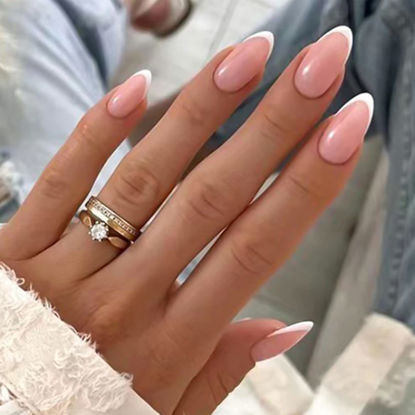 Picture of YOSOMK French Tip Press On Nails Medium Almond Fake Nails with Designs Nude Stick on Acrylic Nails Glossy Full Cover False Nails for Women