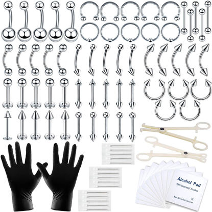 Picture of A-minusone 84 PCS Body Septum Piercing Kit 14G 16G Tools for Nose Tongue Lip Ear Eyebrow Belly Button Cartilage Tragus Industrial Barbell Helix Daith Piercing Jewelry Clamps