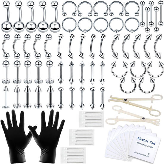 Picture of A-minusone 84 PCS Body Septum Piercing Kit 14G 16G Tools for Nose Tongue Lip Ear Eyebrow Belly Button Cartilage Tragus Industrial Barbell Helix Daith Piercing Jewelry Clamps