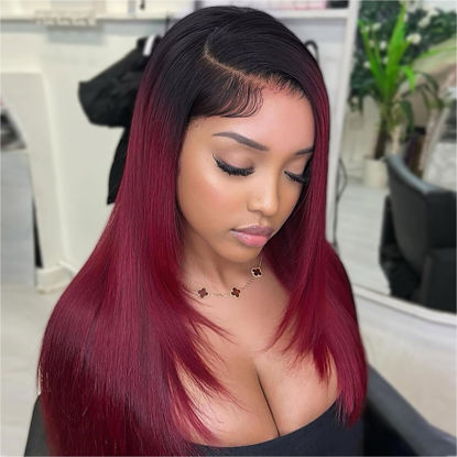 Picture of HIRIREMY 16 Inch Ombre 1B/99J Burgundy Lace Front Wigs Human Hair Bob 13x4 HD Glueless Short Straight Frontal Bob Wigs for Black Women Human Hair Pre Plucked Hairline Ombre Dark 99J