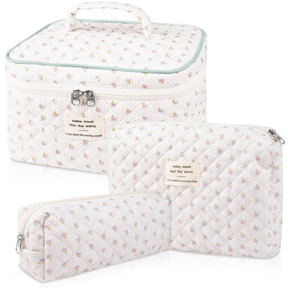 Picture of Makeup Bag Set, Quilted Makeup Bag, Large Floral Cosmetic Bag for Women, Cute Cotton Makeup Bag, Flower Travel Toiletry Organizer Bag (Flower)