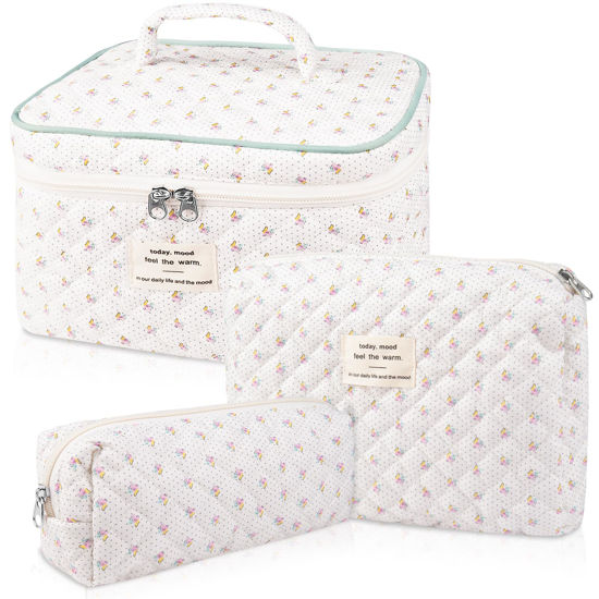Picture of Makeup Bag Set, Quilted Makeup Bag, Large Floral Cosmetic Bag for Women, Cute Cotton Makeup Bag, Flower Travel Toiletry Organizer Bag (Flower)