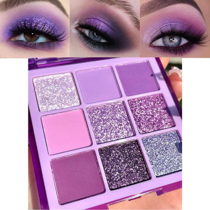 Picture of evpct 9 Colors Violet Purple Pink Lavender Glitter Shimmer Eye Shadow Palette Makeup Highly Pigmented Waterproof Mauve Dark Purple Silver Pearl White Glitter Shimmer Sparkling Party Eyeshadow Palette