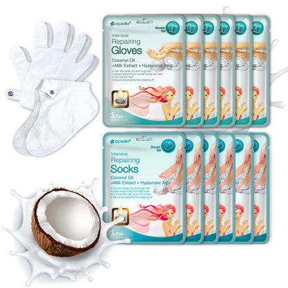 Picture of Epielle Intensive Repairing Masks for Hand and Foot - 6 Glove & 6 Socks Dry Hand, Dry & Cracked Heel to Toe Spa Masks Coconut Oil + Milk Extract,Mothers Day Gifts