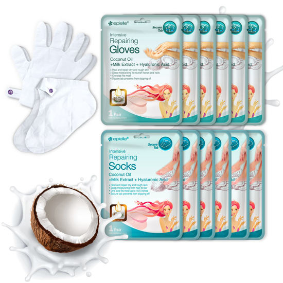 Picture of Epielle Intensive Repairing Masks for Hand and Foot - 6 Glove & 6 Socks Dry Hand, Dry & Cracked Heel to Toe Spa Masks Coconut Oil + Milk Extract,Mothers Day Gifts