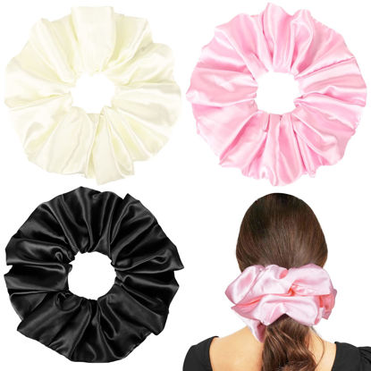 Picture of 9.5 inch Silk Scrunchies Oversized Scrunchie Jumbo Scrunchies Giant Silk Scrunchie Extra Large Satin Scrunchies Thick Elastic Fluffy Hair Ties for Women and Girls 3 Pack (Black, Pink, Ivory)