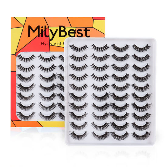 Picture of MilyBest 20 Pairs Russian Strip Lashes, D Curl Natural Look False Eyelashes Lash Strips, Fake Eyelash Extension 20mm 4 Styles Mixed Volume Eyelashes Sets Pack