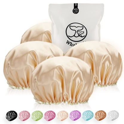Picture of Shower Cap for Women Reusable Extra Large Shower Cap for Men (Golden 4 Pack Large) Satin Double Layer EVA Waterproof Long Hair Cap