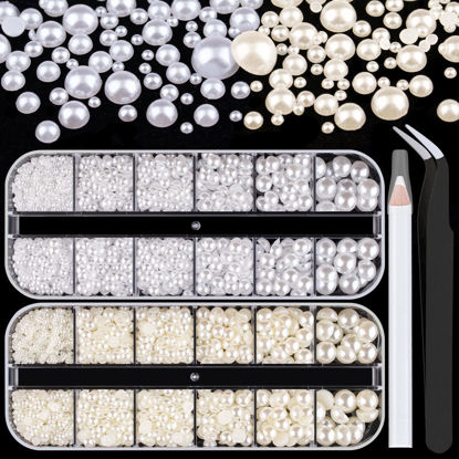 Picture of 2700 Pcs Flat Back Pearls Kits 1 Box of Flatback White+1 Box of Beige Half Round Pearls with Pickup Pencil and Tweezer for Home DIY and Professional Nail Art, Face Makeup and Craft