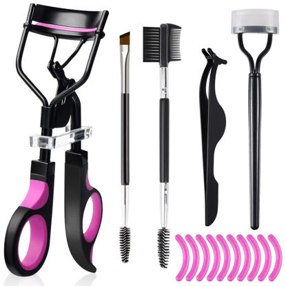 Picture of Eyelash Curlers Eyebrow Brush Kit for Women w Lash Curler, Eyelash Comb Seperator, Mascara Brushes, Eyelash Extension Tweezers, Angled Eyebrow Brush and Comb, 10 Silicone Refills Pads for Lash & Brow