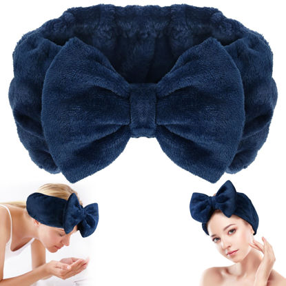 Picture of Shintop Face Wash Headband, Soft Spa Headband Carol Fleece Makeup Headwear with Cute Bow Elastic Hairband for Skincare Facial Mask Showers（Navy blue）
