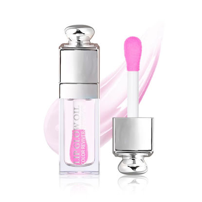 Picture of Hydrating Lip Glow Oil, Lip Oil Gloss Transparent Toot Tinted Nourishing Long Lasting Repairing Lightening Lip Lines (CLEAR TO PINK) 0.2 OZ
