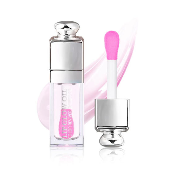 Picture of Hydrating Lip Glow Oil, Lip Oil Gloss Transparent Toot Tinted Nourishing Long Lasting Repairing Lightening Lip Lines (CLEAR TO PINK) 0.2 OZ