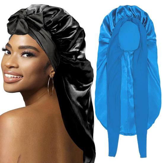 Picture of 2Pcs Bonnets for Black Women Braid Bonnet, Large Long Satin Bonnet for Braids, Silk Bonnet with Stretchy Tie Band Sleep Cap Hair (2Pcs-Black&Blue)