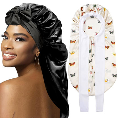 Picture of 2Pcs Bonnets for Black Women Braid Bonnet, Large Long Satin Bonnet for Braids, Silk Bonnet with Stretchy Tie Band Sleep Cap Hair (2Pcs-Black-Silver Pattern)
