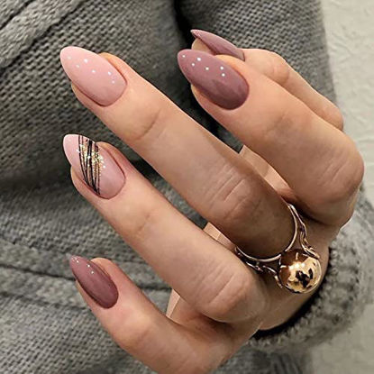 Picture of Vaveah Stiletto Press on Nails Medium Length, Acrylic Fake Nails Glue on Nails Medium, False Nails with Glue for Women and Girls (Glossy Nude)