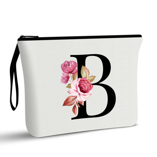 Picture of Vavabox A-Z Personalized Makeup Bag,Birthday Gifts for Women Mom,Gifts for Best Friend,Bride Bridesmaid Cosmetic bag (B, White)