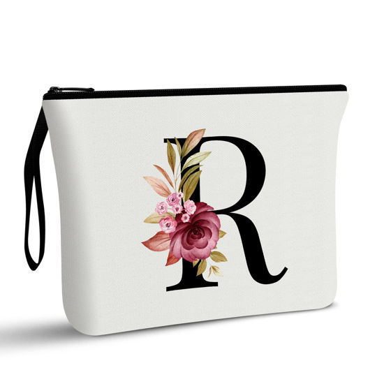 Picture of Vavabox A-Z Personalized Makeup Bag,Birthday Gifts for Women Mom,Gifts for Best Friend,Bride Bridesmaid Cosmetic bag (R, White)
