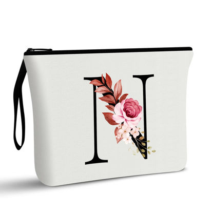 Picture of Vavabox A-Z Personalized Makeup Bag,Birthday Gifts for Women Mom,Gifts for Best Friend,Bride Bridesmaid Cosmetic bag (N, White)