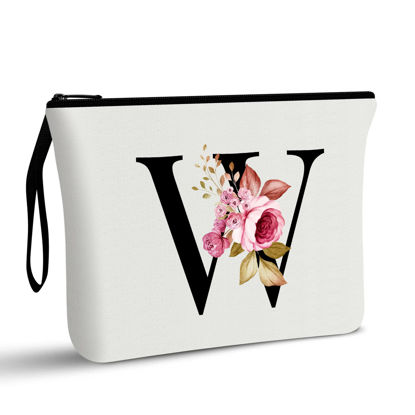 Picture of Vavabox A-Z Personalized Makeup Bag,Birthday Gifts for Women Mom,Gifts for Best Friend,Bride Bridesmaid Cosmetic bag (W, White)