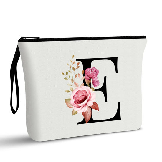 Picture of Vavabox A-Z Personalized Makeup Bag,Birthday Gifts for Women Mom,Gifts for Best Friend,Bride Bridesmaid Cosmetic bag (E, White)