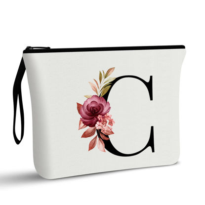 Picture of Vavabox A-Z Personalized Makeup Bag,Birthday Gifts for Women Mom,Gifts for Best Friend,Bride Bridesmaid Cosmetic bag (C, White)