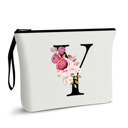 Picture of Vavabox A-Z Personalized Makeup Bag,Birthday Gifts for Women Mom,Gifts for Best Friend,Bride Bridesmaid Cosmetic bag (Y, White)