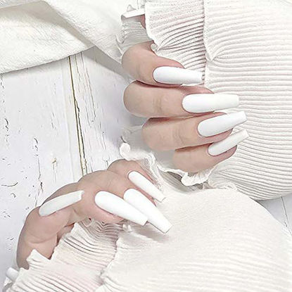 Picture of Vaveah 24 Pcs Matte Press on Nails Coffin with Glue, Extra Long Matte Fake Nails Glue on Nails, False Nails with Glue for Women (White)