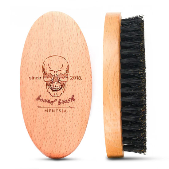 Picture of Menesia Boar Bristle Hair Beard Brush for Men, Pocket Travel Men's Wooden Small Soft Beard Brush (Skull)