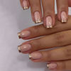 Picture of Gold Press on Nails Medium Gold French Tip Fake Nails Square Shape False Nail Tips Nude Pink Full Cover Glue on Nails Medium Length Stick on Nails Glossy French Tip Nails Press ons for Women 24 Pcs