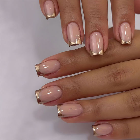 Picture of Gold Press on Nails Medium Gold French Tip Fake Nails Square Shape False Nail Tips Nude Pink Full Cover Glue on Nails Medium Length Stick on Nails Glossy French Tip Nails Press ons for Women 24 Pcs