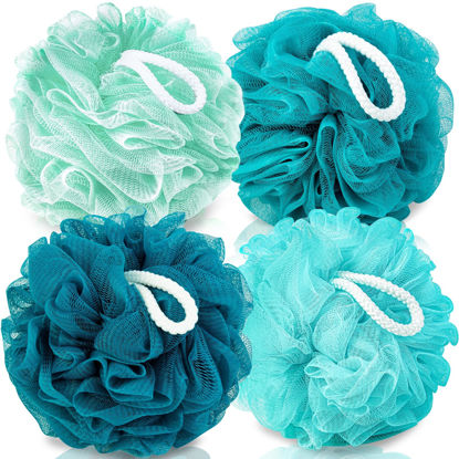 Picture of MTDLYICE Loofah for Women 75g 4 Pack, Bath Sponge Soft Mesh Shower Puff Loofah Sponge, Exfoliating Body Scrubber, lufas for Women, Shower Accessories (Blue)
