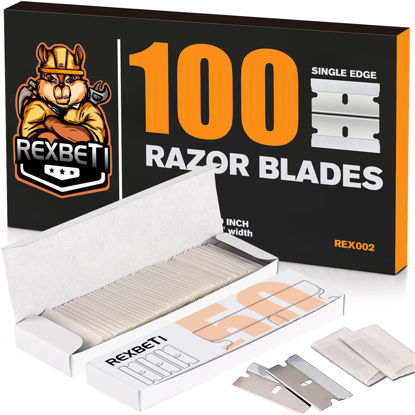 Picture of REXBETI 100PCS Single Edge Razor Blades, Industrial Razor Blades for Scraper, Suitable for Removing Labels, Decals, Stickers and Old Paint