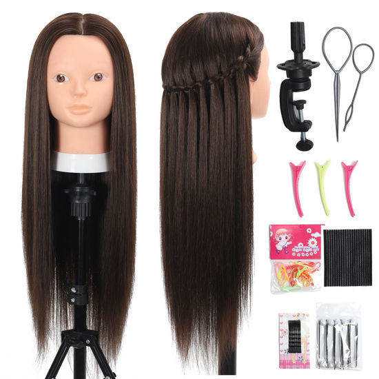 Picture of Opini 26 Inch Mannequin Head 80% Real Human Hair Styling Hair Mannequin Head Human Hair to Practice Hair and Makeup Hairdresser Head With Free Clamp (#4 No Makeup)