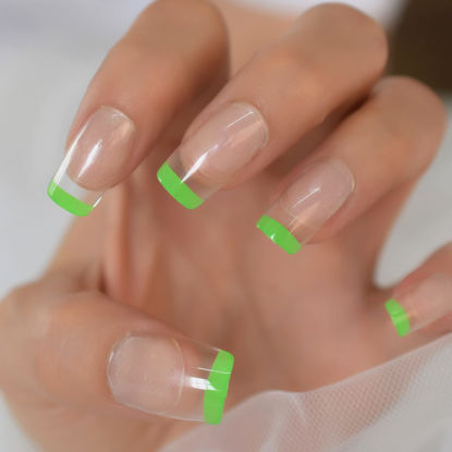 Picture of Coolnail Glossy Green French Press on False Nails Square Flat Top Shape UV Gel Clear Medium Fingersnails Free Adhesive Tapes 24pcs