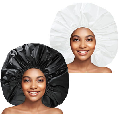 Picture of Super Jumbo Shower Cap 2 PCS Waterproof Shower Caps for Women, Extra Large Shower Cap, Reusable Super Large Bath Caps Hair Cap for Long Thick Curly Hair, Locs, Twist Braids - Black + White
