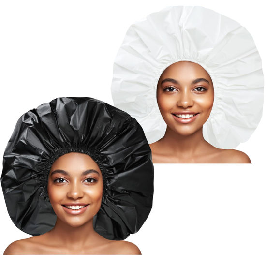 Picture of Super Jumbo Shower Cap 2 PCS Waterproof Shower Caps for Women, Extra Large Shower Cap, Reusable Super Large Bath Caps Hair Cap for Long Thick Curly Hair, Locs, Twist Braids - Black + White
