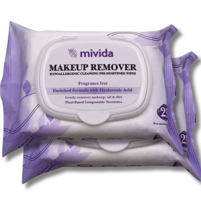 Picture of mivida Hypoallergenic Makeup Remover Wipes | 2 Pack of 25 Count | Biodegradable Facial Cleansing Makeup Remover Face Wipes with Hyaluronic Acid, Fragrance Free, Alcohol Free, Plant Based Wipes