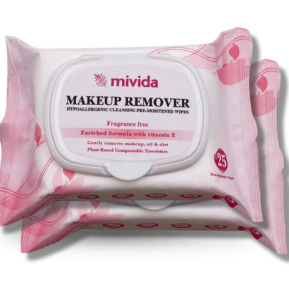 Picture of mivida Hypoallergenic Makeup Remover Wipes 2 Pack of 25 Count | Biodegradable Facial Cleansing Make up Remover Face Wipes with Vitamin E | Fragrance Free, Alcohol Free, Plant Based 50 Count wipes