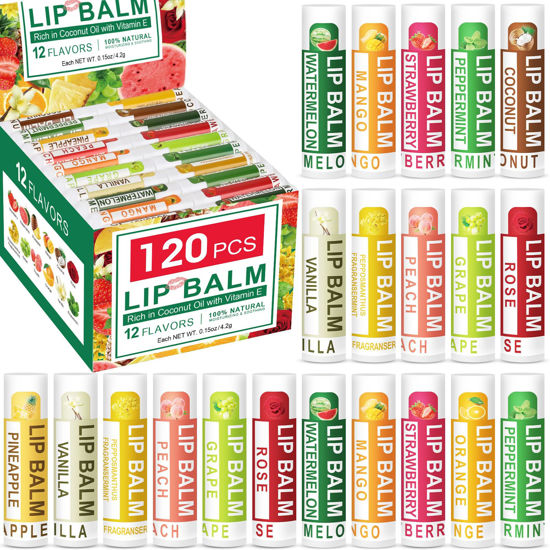 Picture of DMSKY 120 Pack Lip Balm, Natural Lip Balm Bulk with Vitamin E and Coconut Oil, Moisturizing Lip Balm for Dry Cracked Lips, Lip Balm for Stocking Stuffers - 12 Flavors