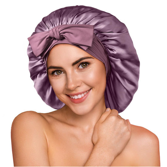 Picture of YFONG 100% 22 Momme Mulberry Silk Shower Cap for Sleeping Women - Larger Double Layer Silk Hair Wrap - Non-Slip Silk Turban - Hair Silk Bonnet for Sleeping Women - Silk Cap for Sleeping, Purple