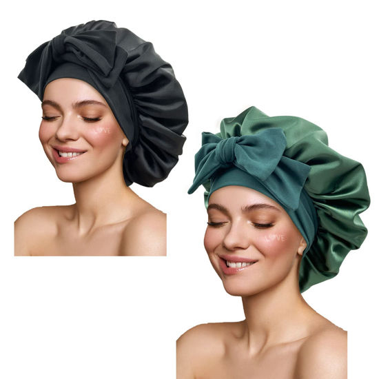 Picture of Satin Bonnet Silk Bonnet Hair Bonnet for Sleeping Large Bonnets with Tie Band Hair Wrap with Adjustable Straps Hair Cap Night Sleep Caps for Women Curly Braid Hair(Black,Hunter Green)