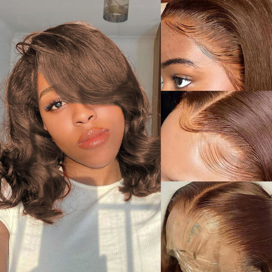 Picture of Brown Bob Wig Human Hair 13x4 Frontal Lace Wig 12 Inch Body Wave HD Lace Front Wigs Human Hair Pre Plucked Glueless Bob Wigs for Women Human Hair (#4 Brown, 12 Inch)