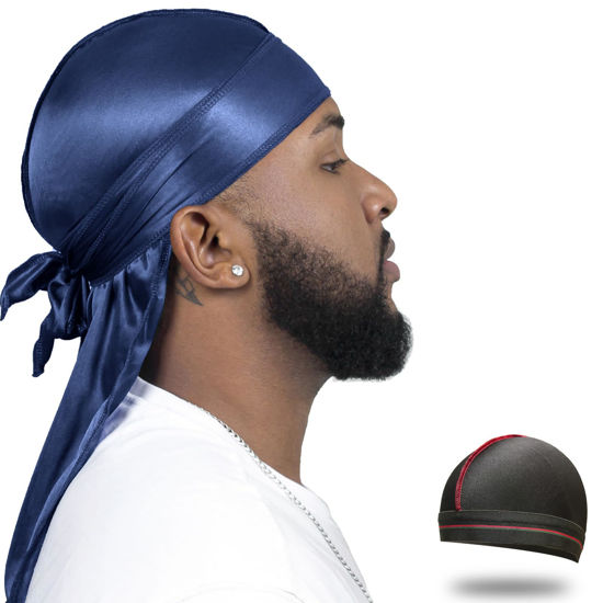 Picture of ForceWave Silky Durag for Men Wave Cap Satin Dorag for Men Women 360 Wave (Navy)